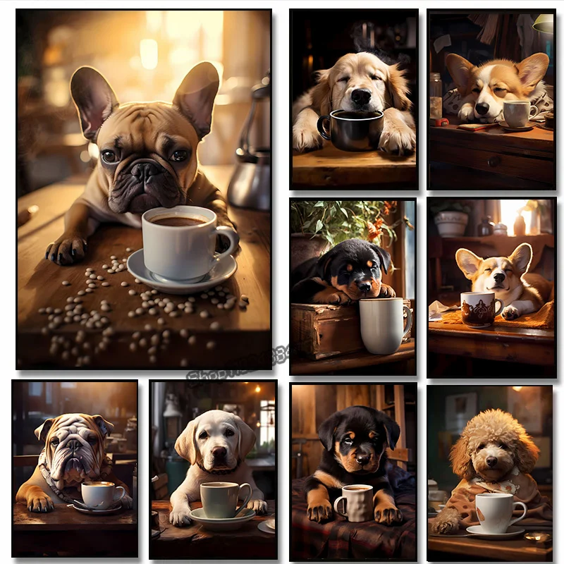 Coffee Tea Poster - Cute Dogs Golden Retriever French Bulldog